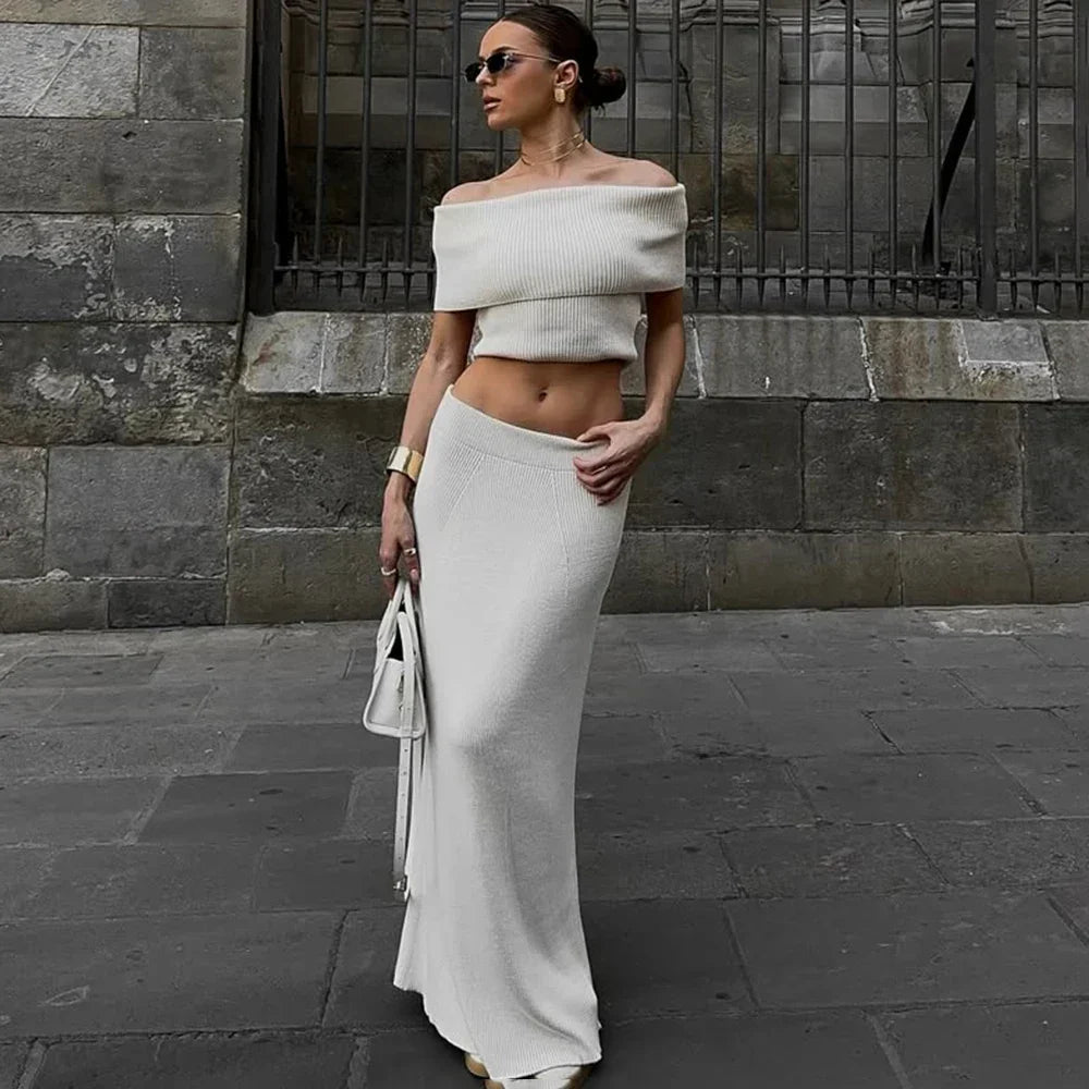 One Shoulder Knit Top and Maxi Skirt Set