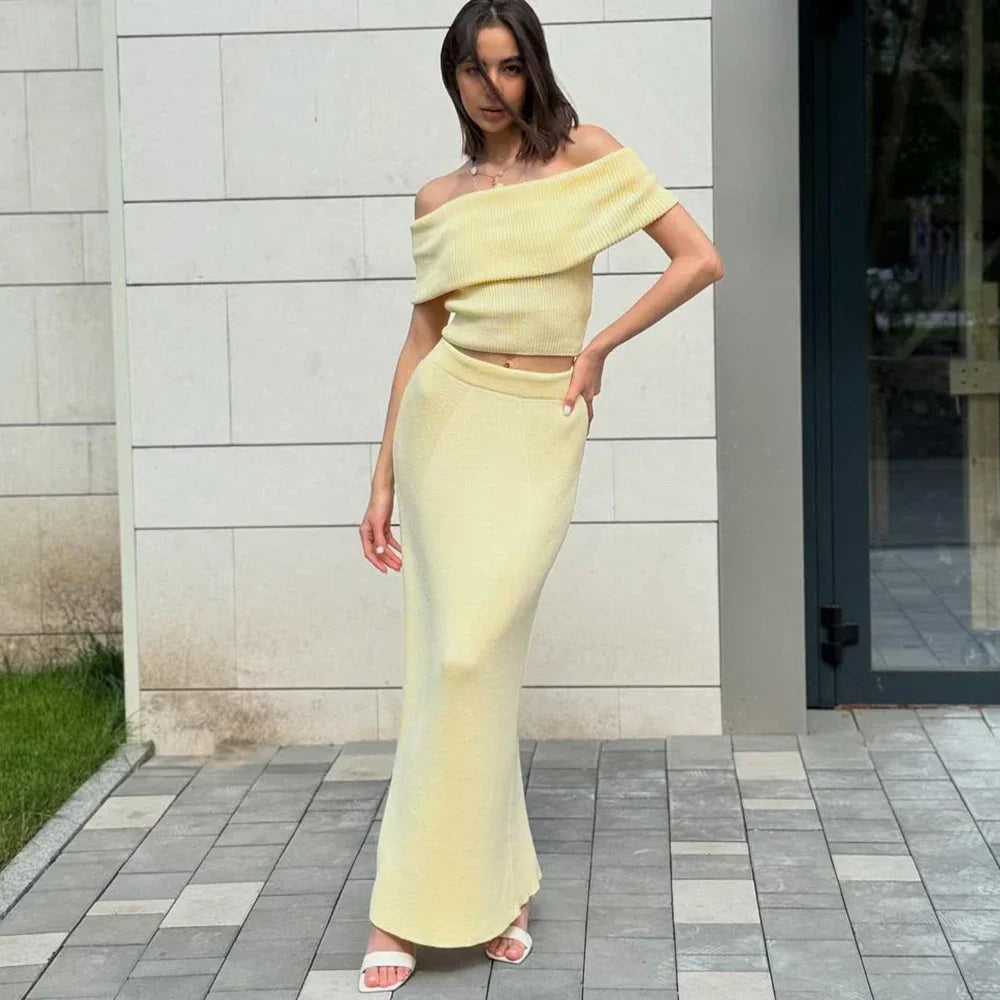One Shoulder Knit Top and Maxi Skirt Set