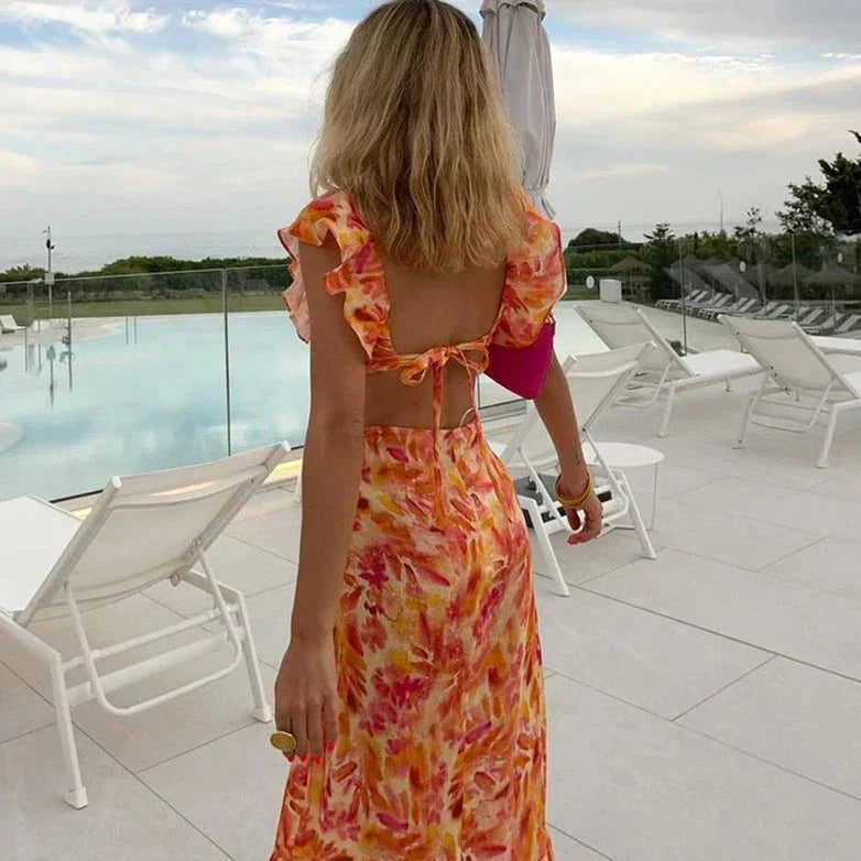 Orange Floral Ruffle Maxi Dress