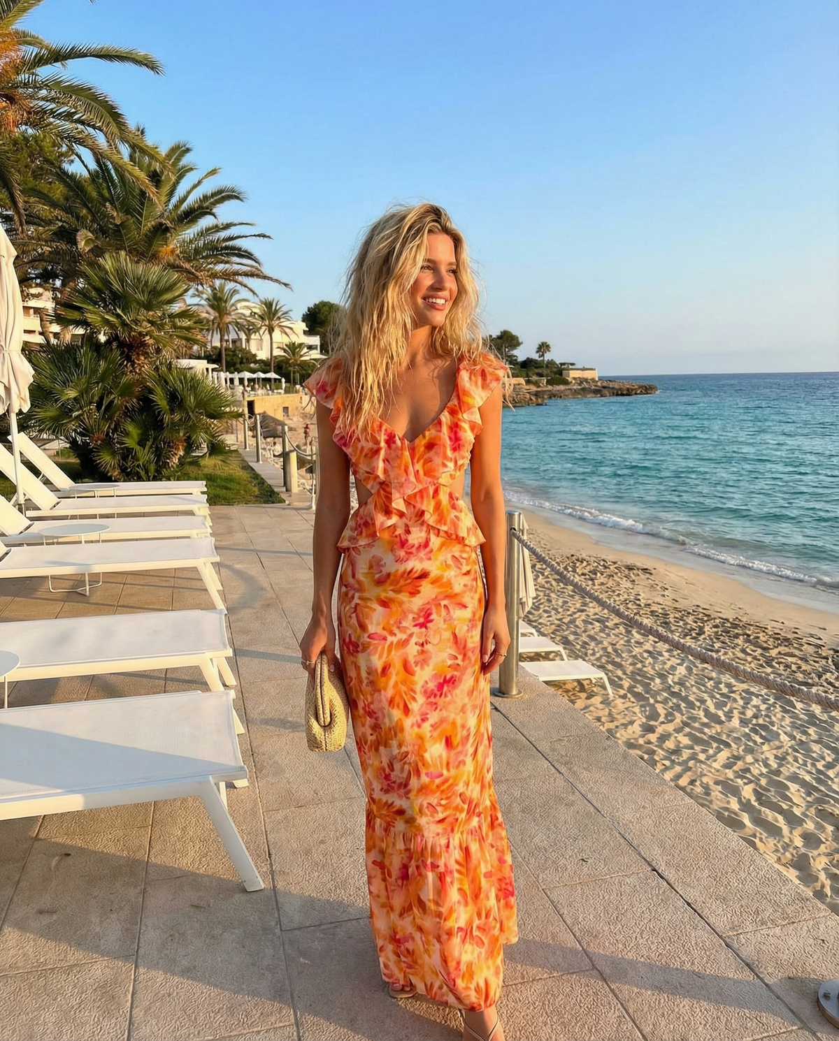 Orange Floral Ruffle Maxi Dress
