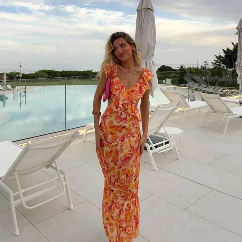 Orange Floral Ruffle Maxi Dress