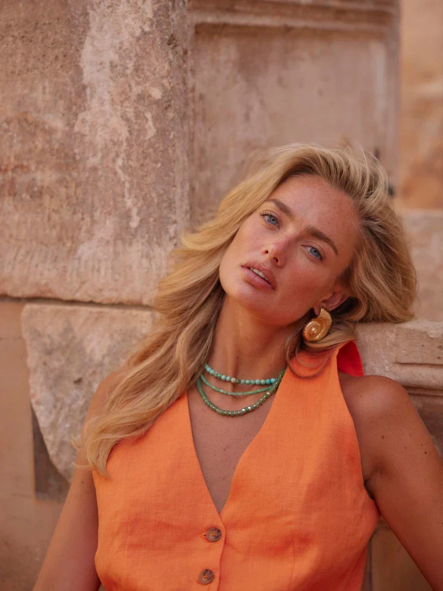 Orange Linen Blend V-Neck Top and Maxi Skirt Set