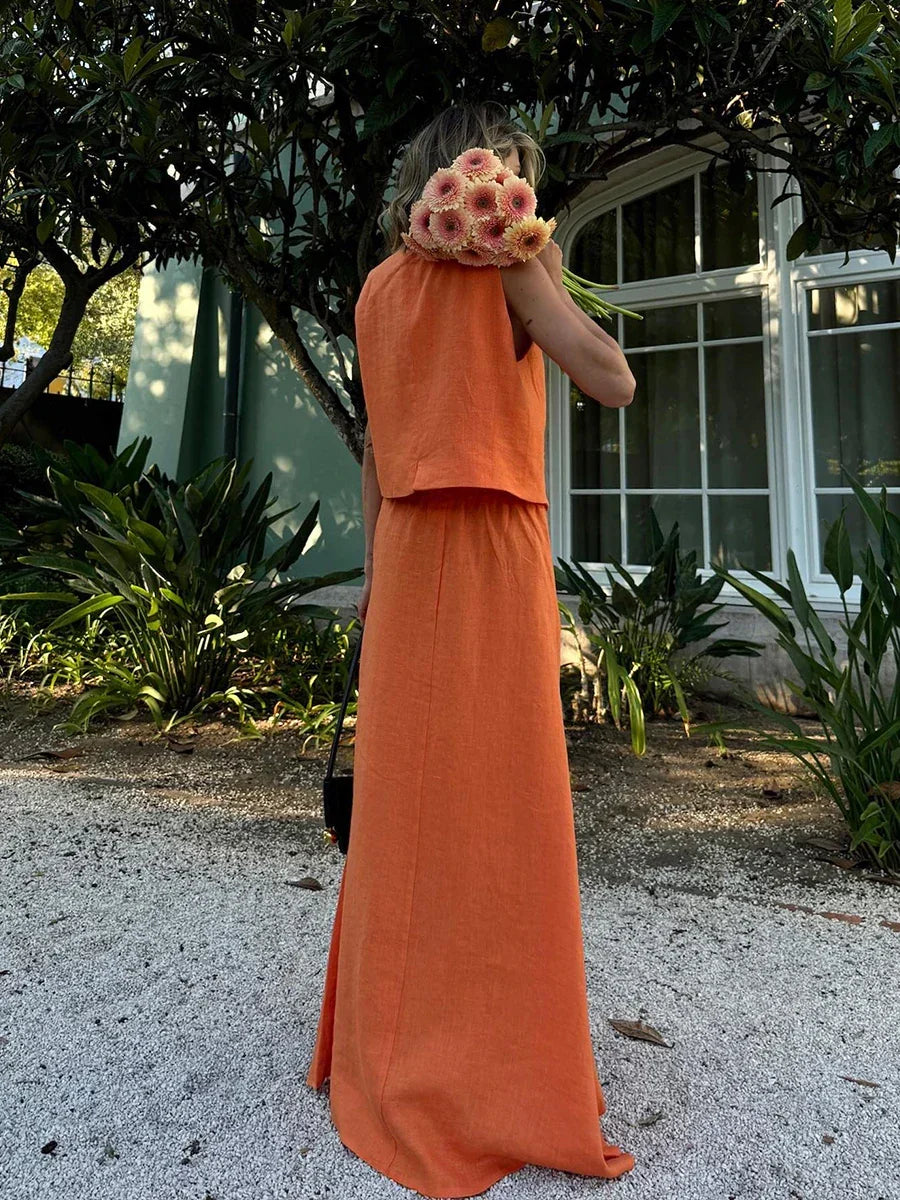 Orange Linen Blend V-Neck Top and Maxi Skirt Set
