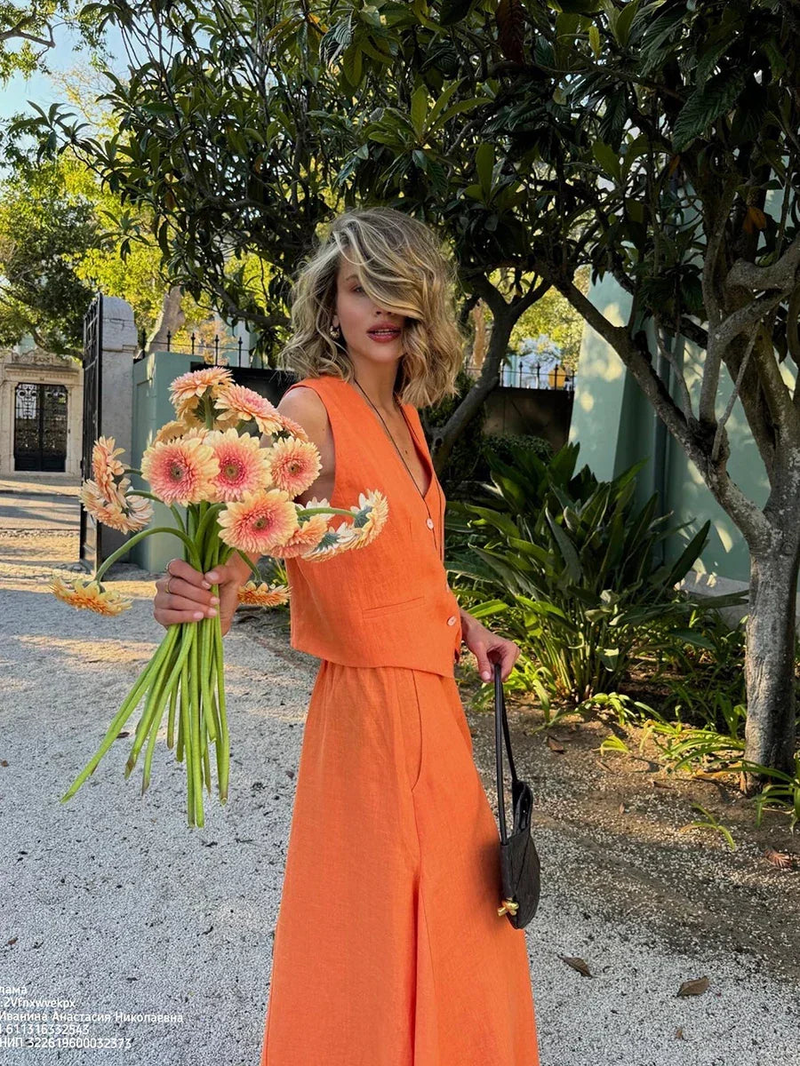 Orange Linen Blend V-Neck Top and Maxi Skirt Set