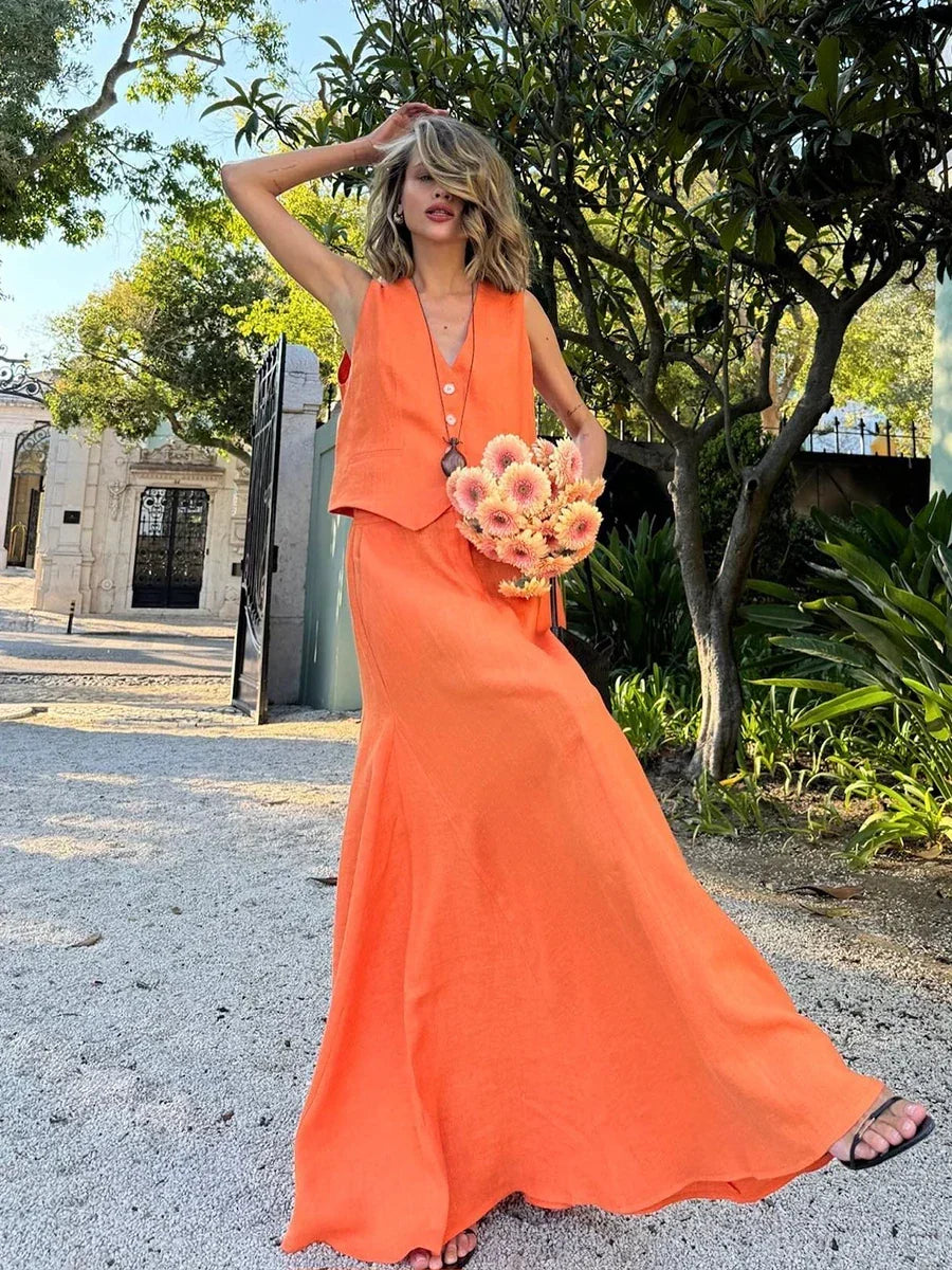Orange Linen Blend V-Neck Top and Maxi Skirt Set
