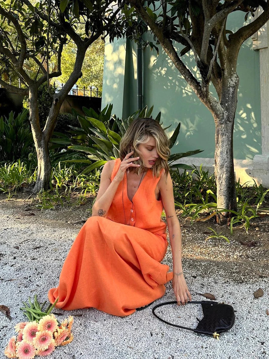 Orange Linen Blend V-Neck Top and Maxi Skirt Set