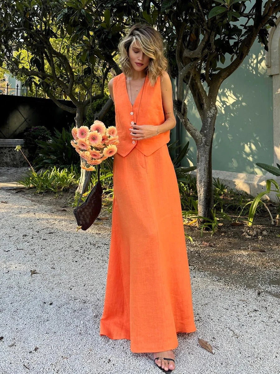 Orange Linen Blend V-Neck Top and Maxi Skirt Set