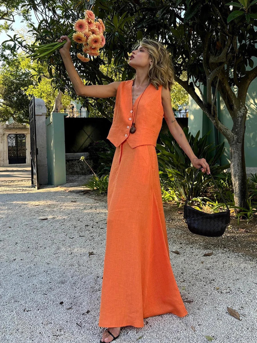 Orange Linen Blend V-Neck Top and Maxi Skirt Set