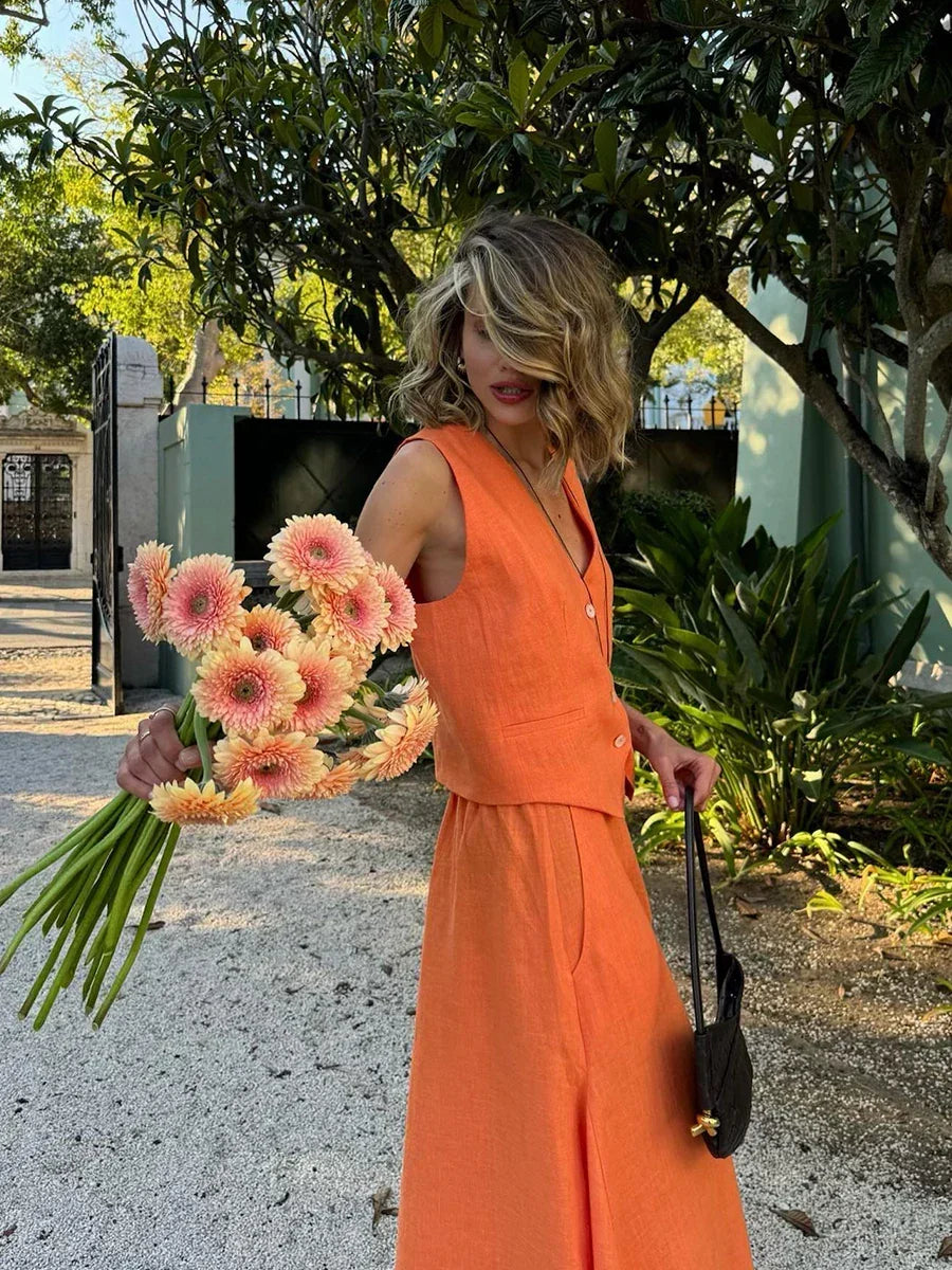 Orange Linen Blend V-Neck Top and Maxi Skirt Set