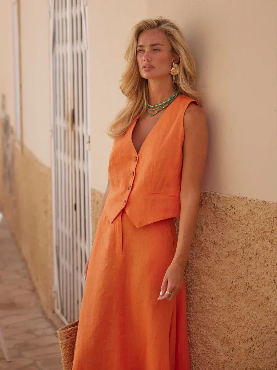 Orange Linen Blend V-Neck Top and Maxi Skirt Set