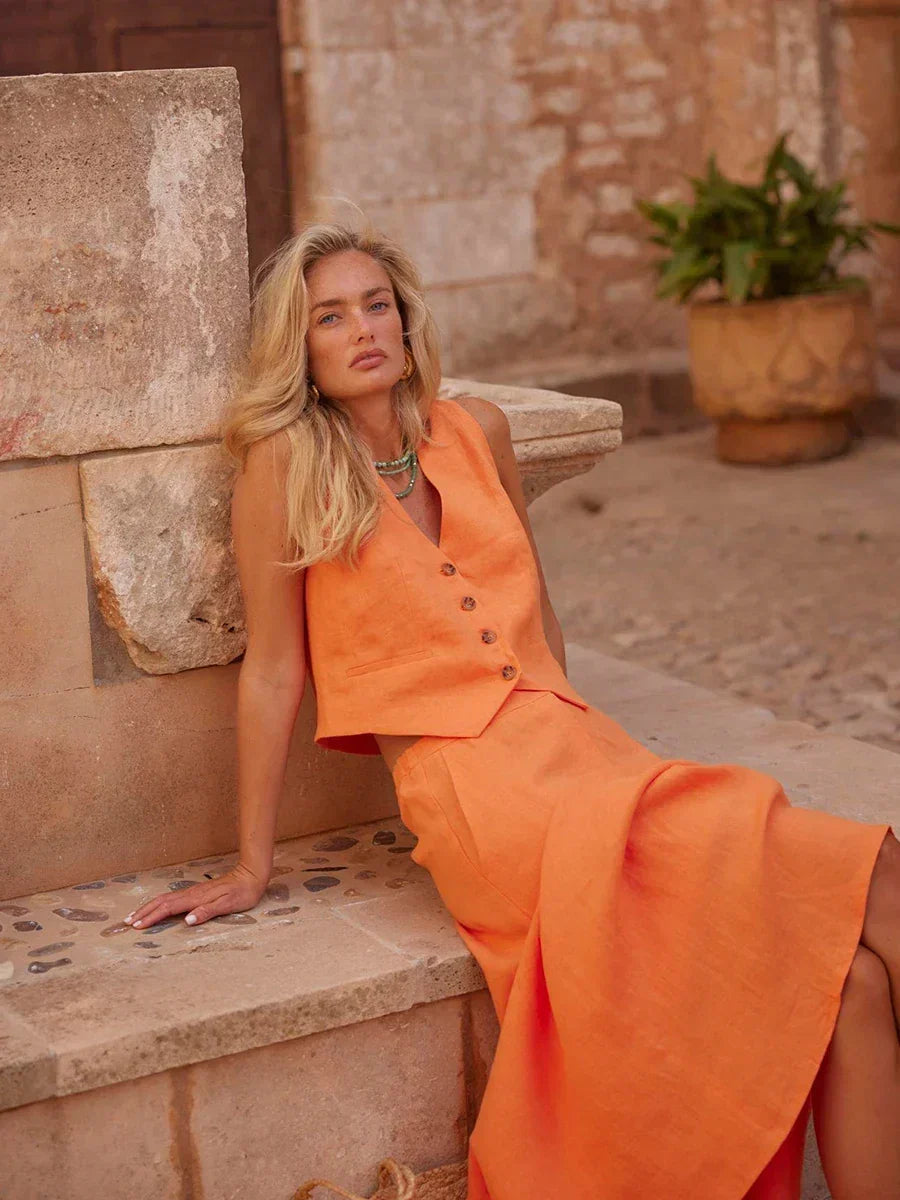 Orange Linen Blend V-Neck Top and Maxi Skirt Set