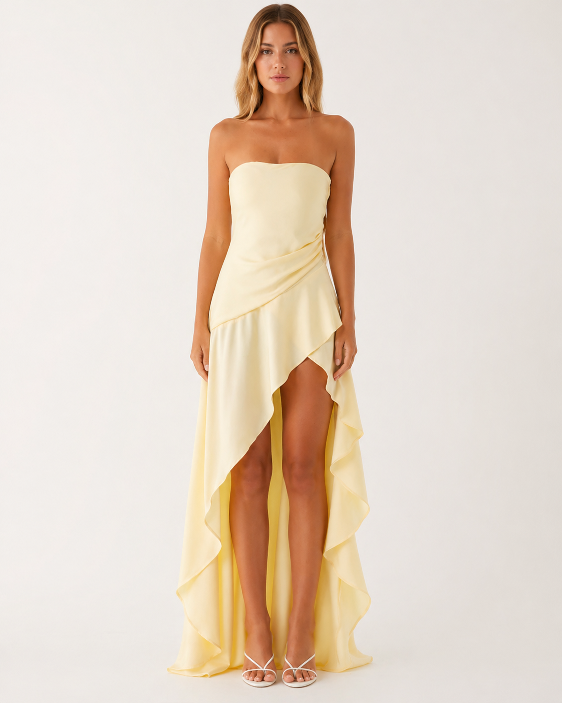 Pastel Yellow Satin Strapless Maxi Dress with High Slit