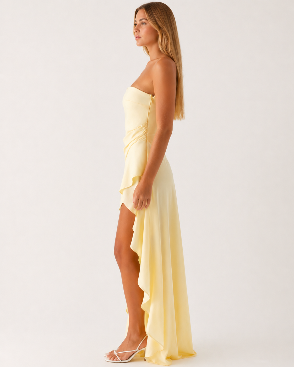 Pastel Yellow Satin Strapless Maxi Dress with High Slit
