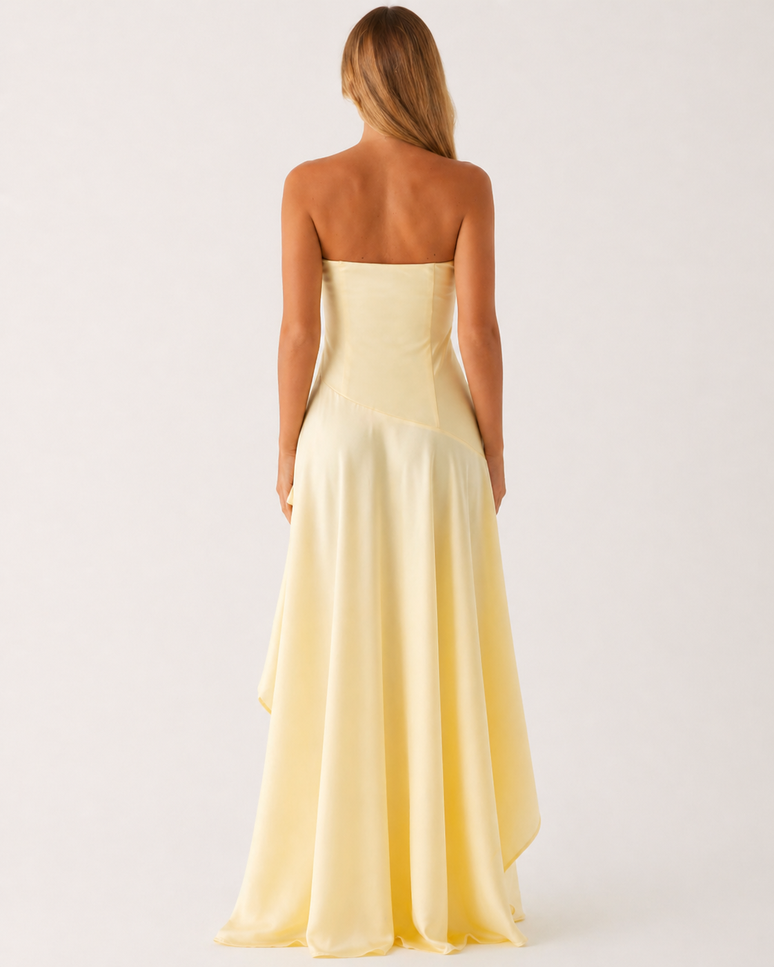 Pastel Yellow Satin Strapless Maxi Dress with High Slit