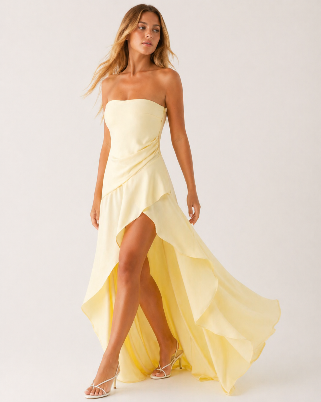 Pastel Yellow Satin Strapless Maxi Dress with High Slit