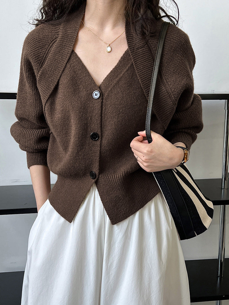 Patchwork V-Neck Button Front Knit Sweater