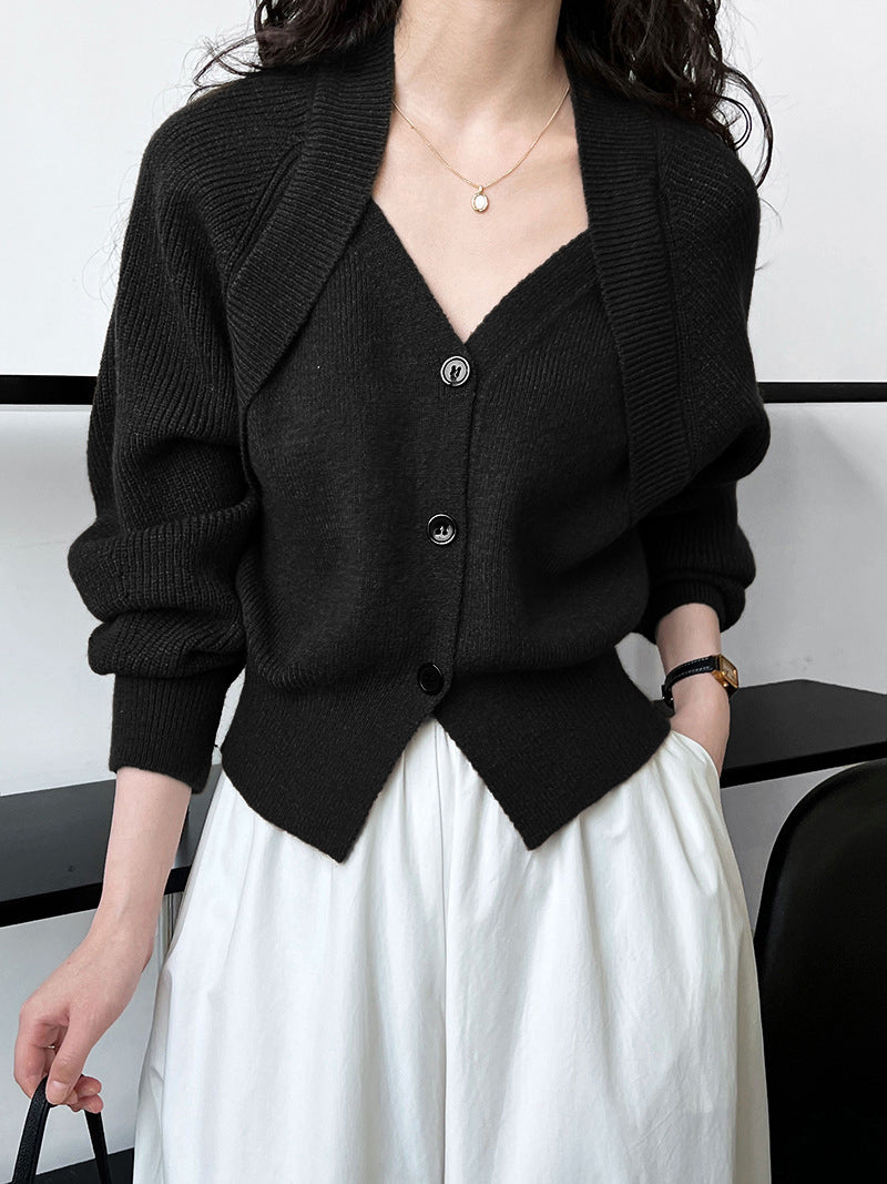 Patchwork V-Neck Button Front Knit Sweater