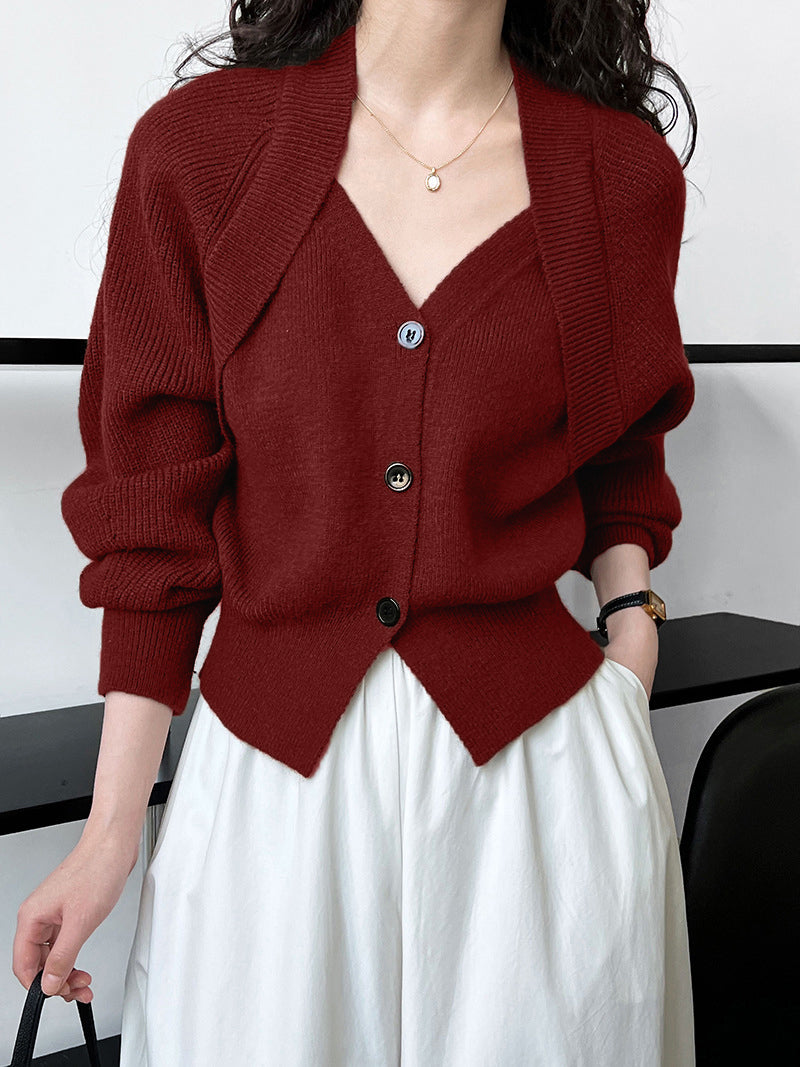 Patchwork V-Neck Button Front Knit Sweater