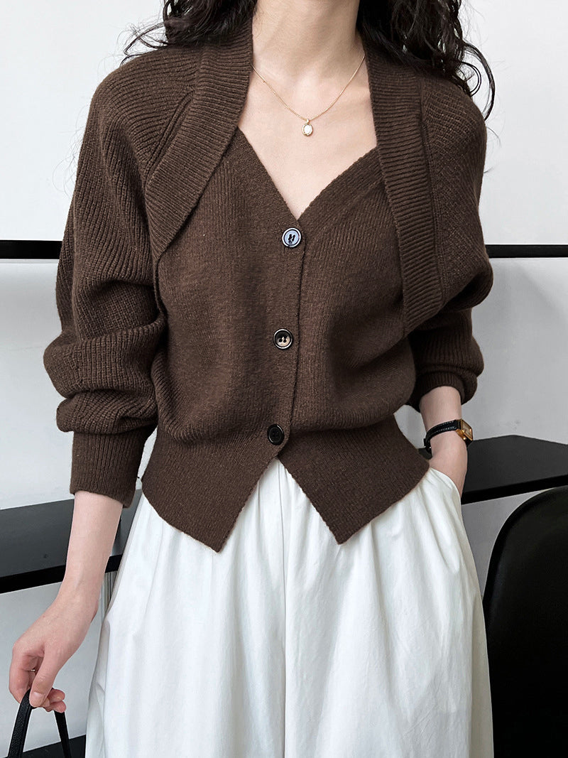Patchwork V-Neck Button Front Knit Sweater