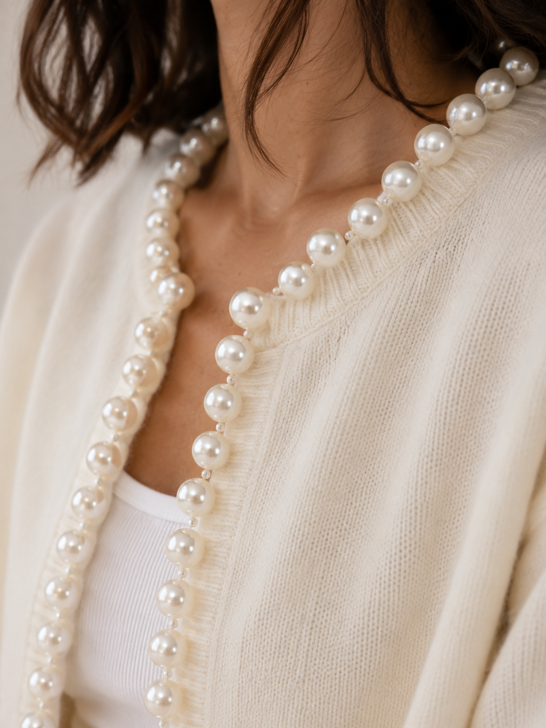 Pearl Embellished Knit Cardigan with Distressed Hem