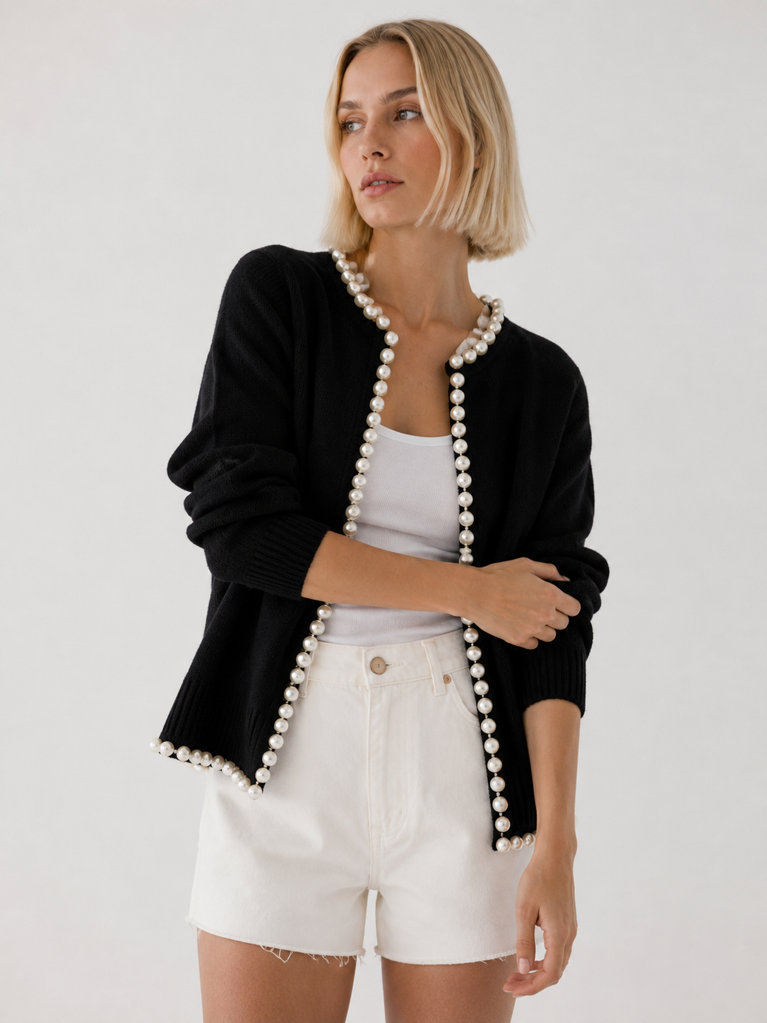 Pearl Embellished Knit Cardigan with Distressed Hem