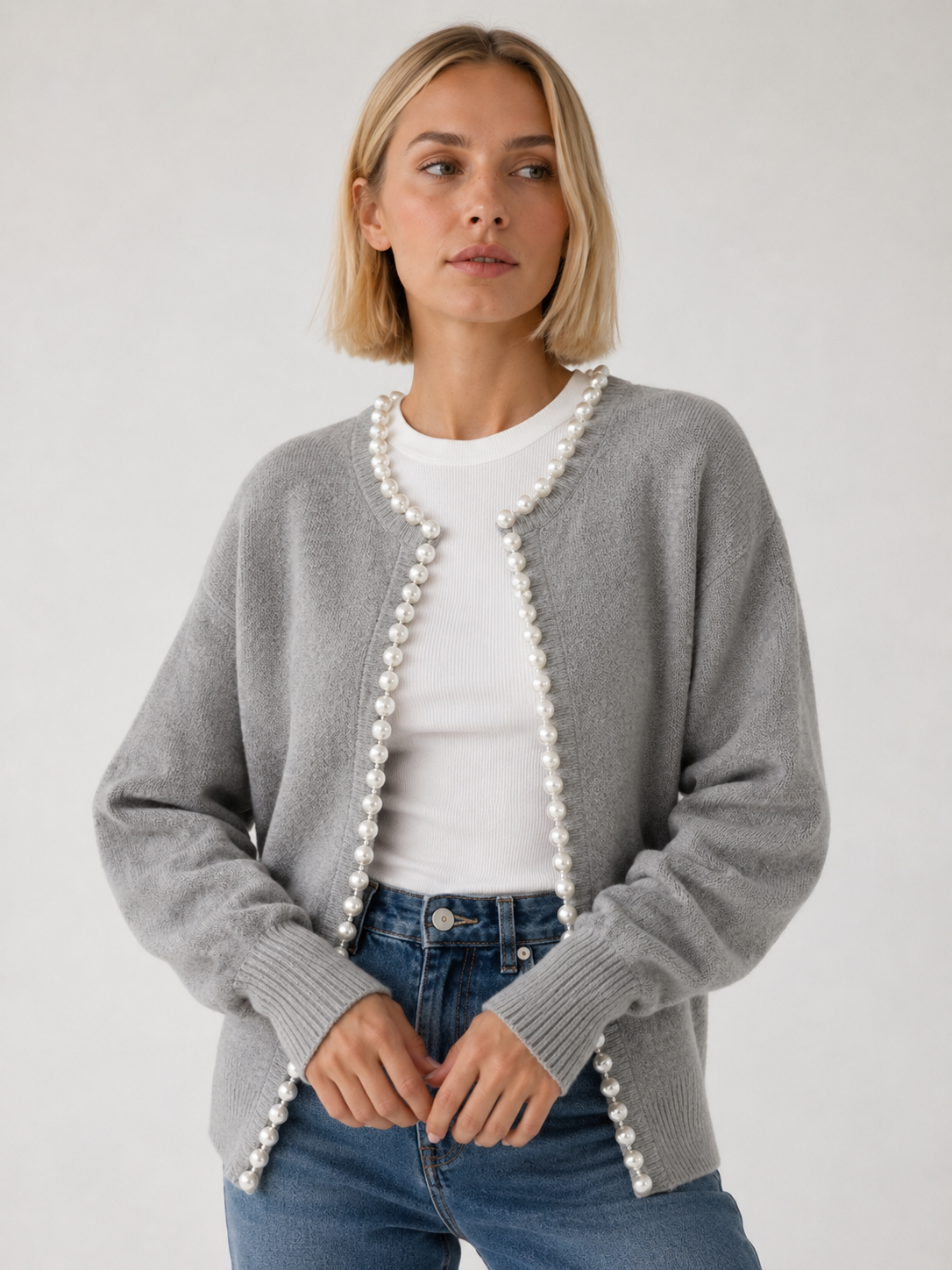 Pearl Embellished Knit Cardigan with Distressed Hem