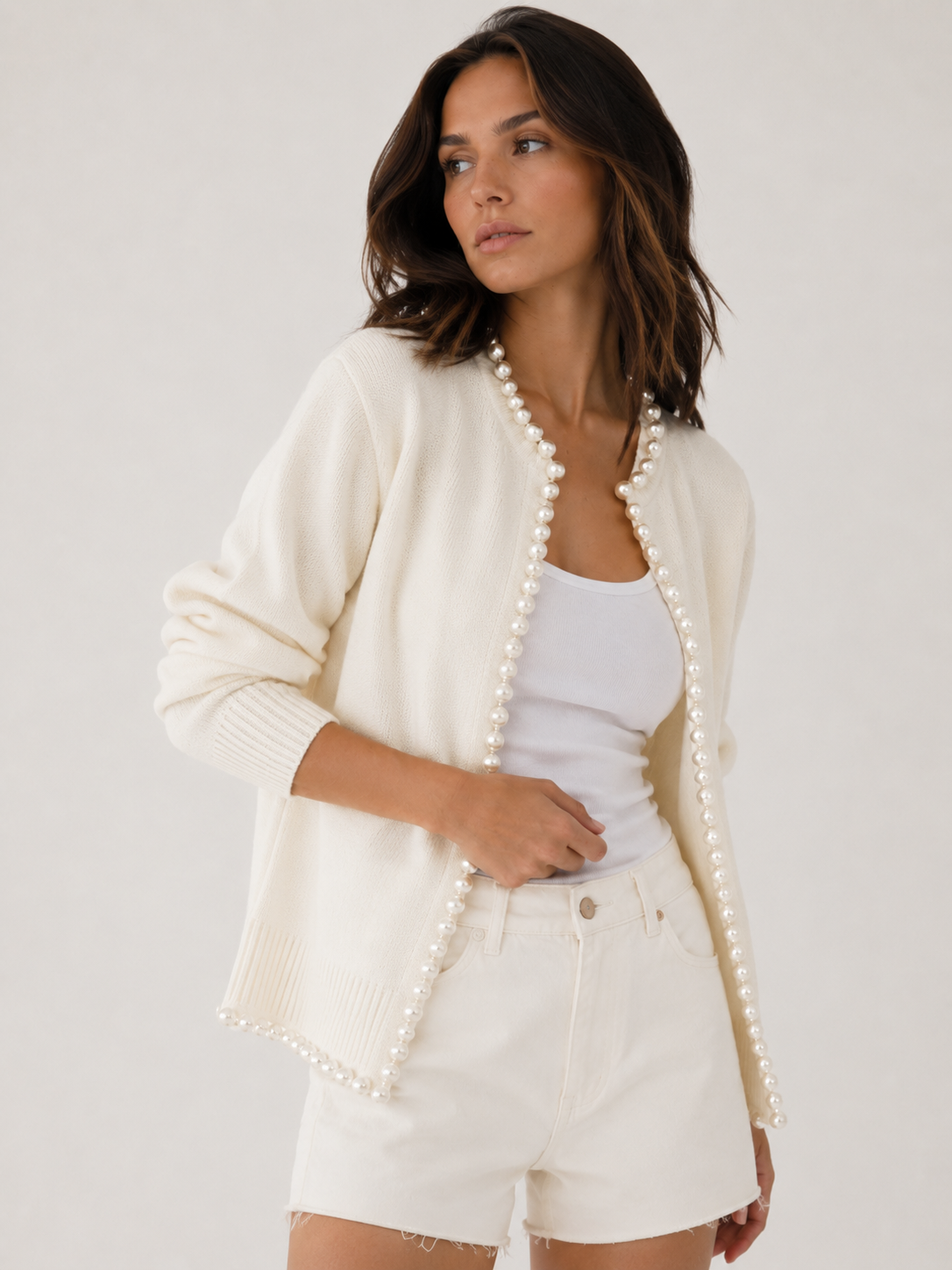 Pearl Embellished Knit Cardigan with Distressed Hem