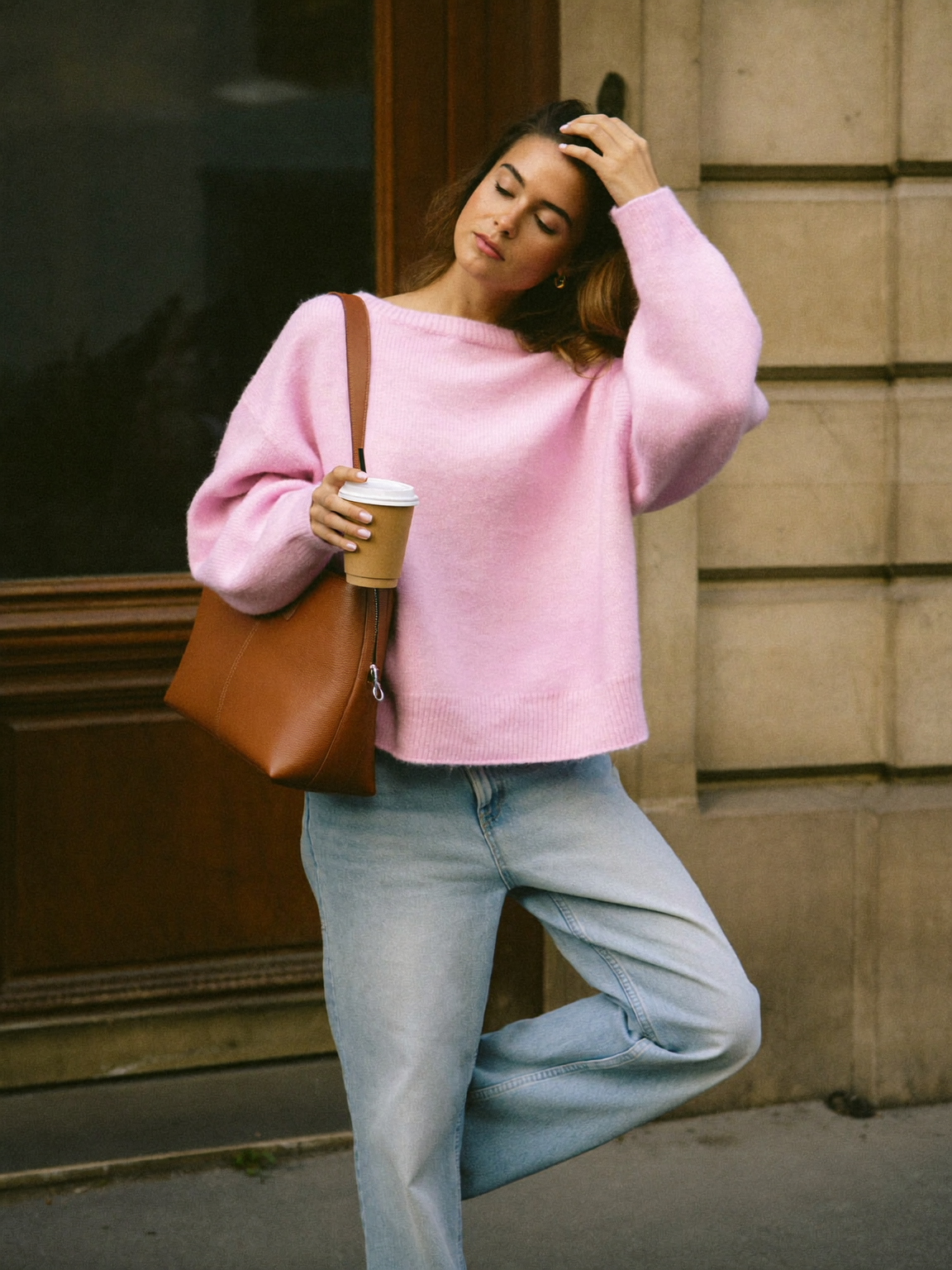 Pink Chunky Knit Crew Neck Sweater