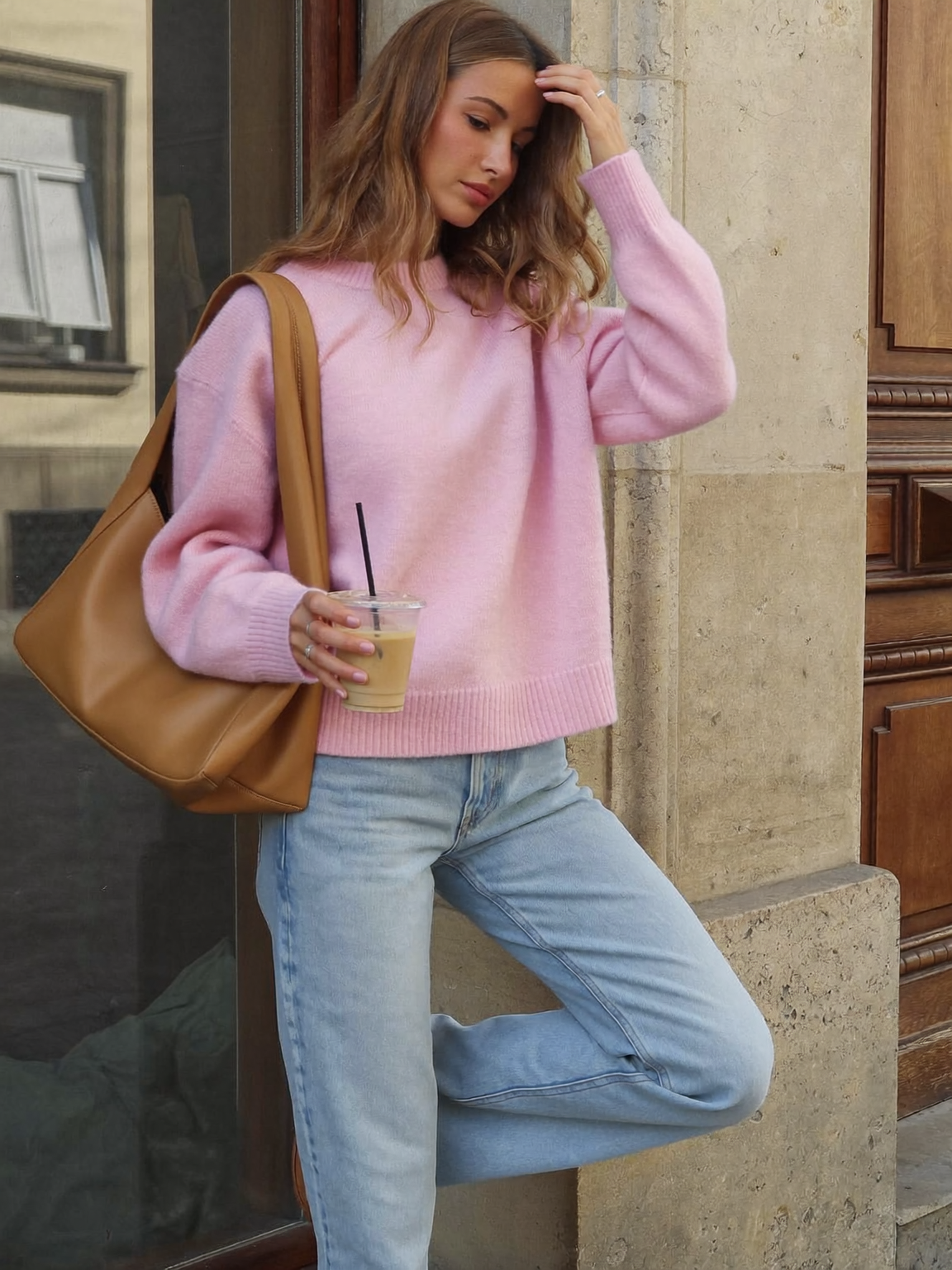 Pink Chunky Knit Crew Neck Sweater