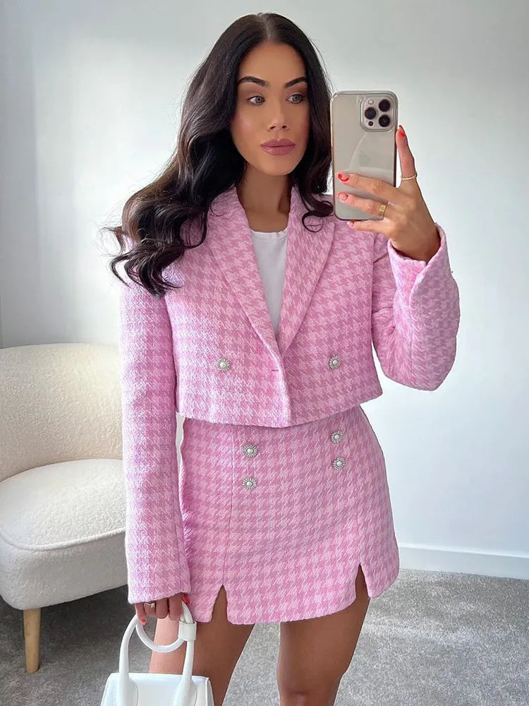 Pink Tartan Cropped Blazer and Skort Set