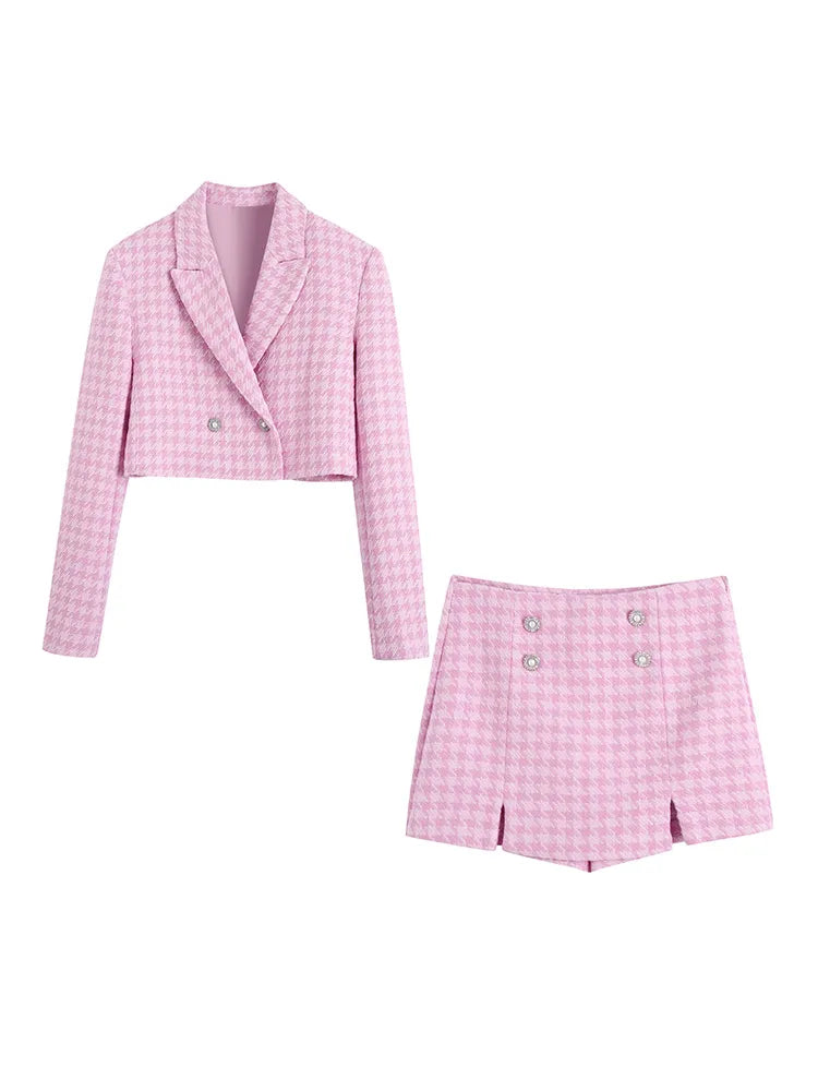 Pink Tartan Cropped Blazer and Skort Set
