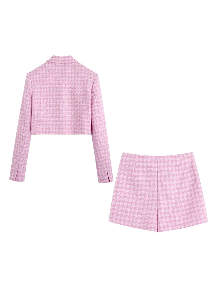 Pink Tartan Cropped Blazer and Skort Set