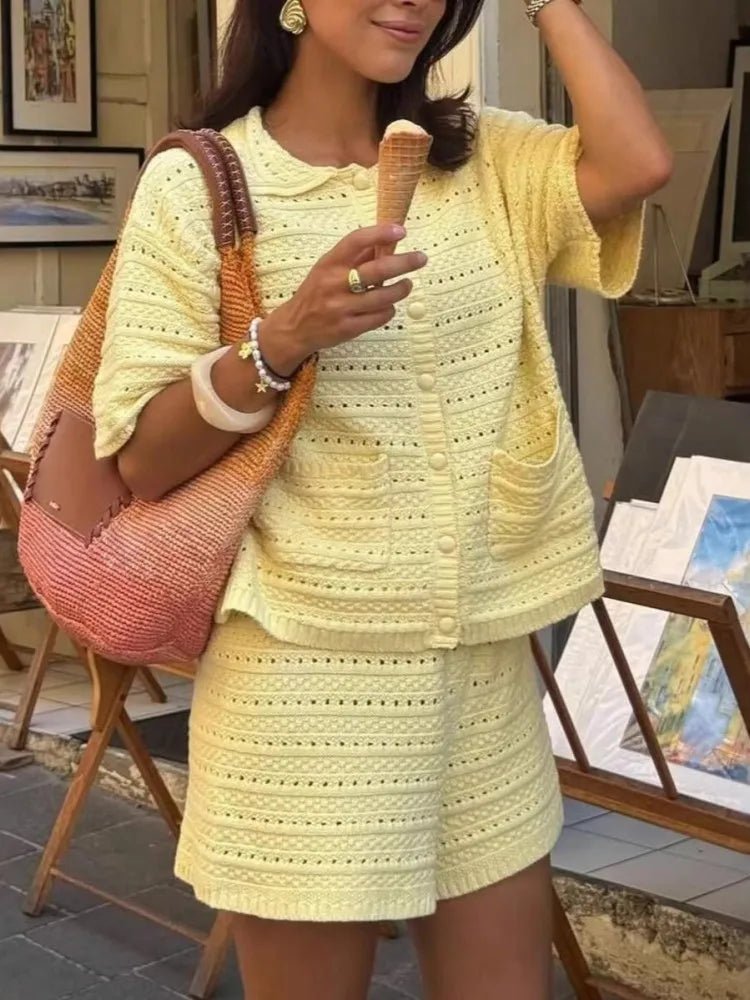 Pointelle Knit Button Front Top and Shorts Set