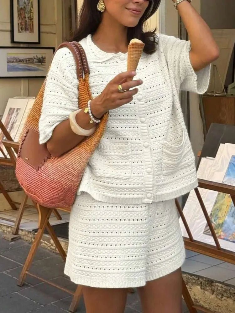 Pointelle Knit Button Front Top and Shorts Set