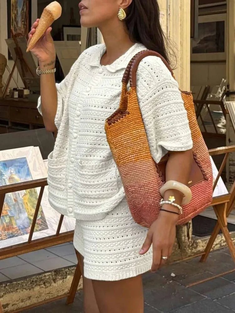 Pointelle Knit Button Front Top and Shorts Set