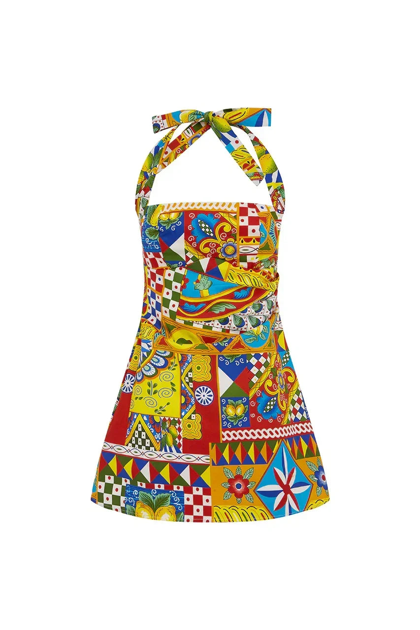 Printed Cotton Halter Mini Dress