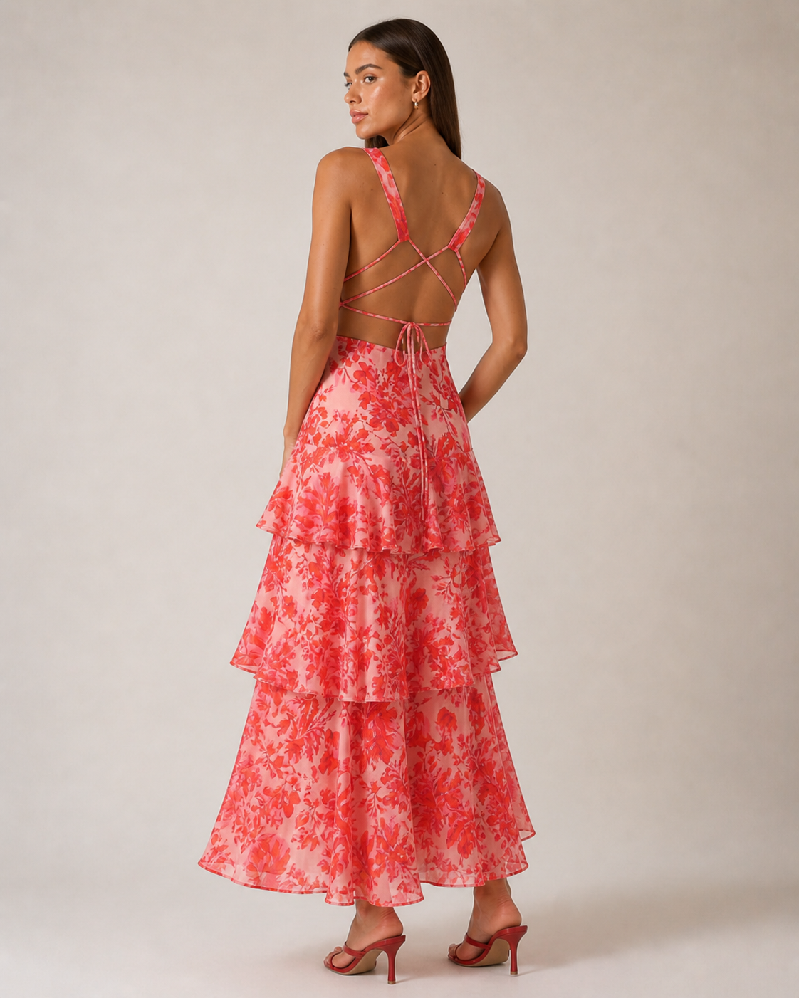 Red Floral Ruffle Midi Dress with Tie Back