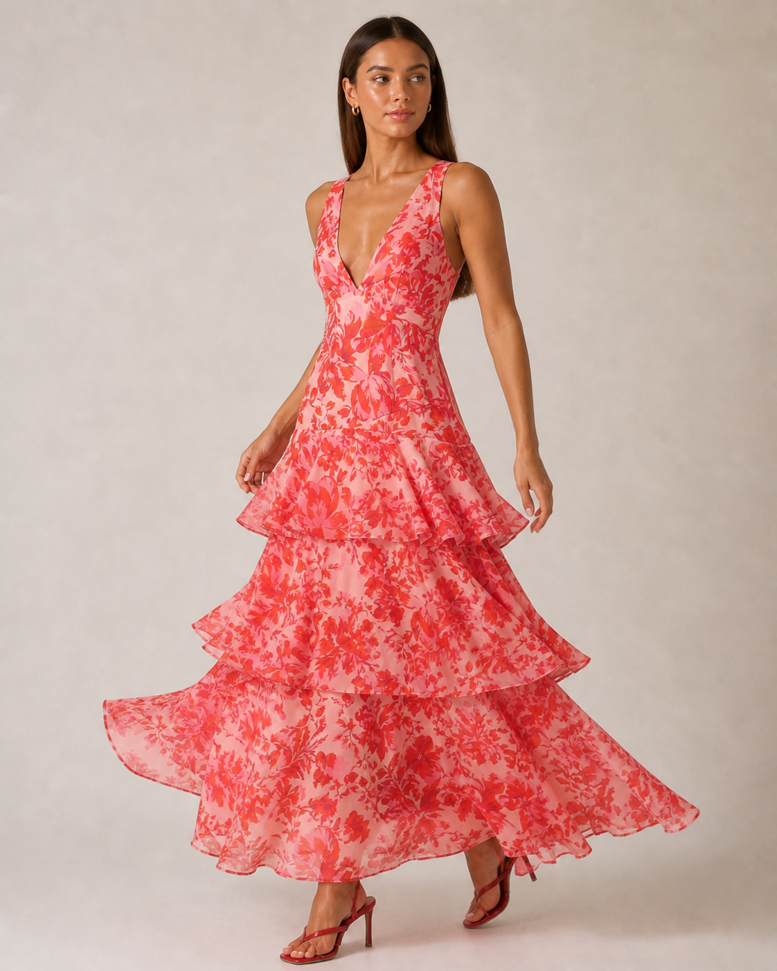 Red Floral Ruffle Midi Dress with Tie Back