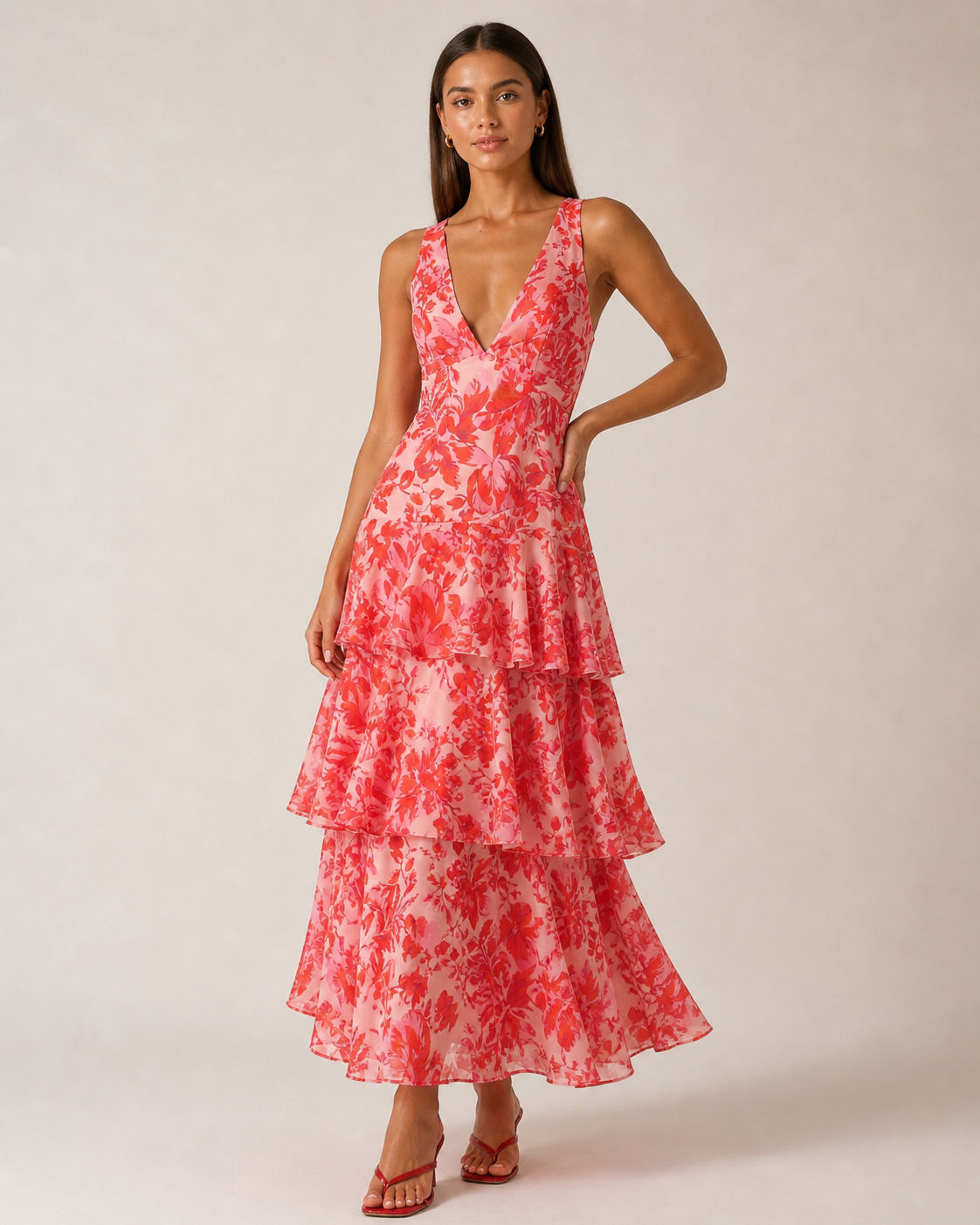 Red Floral Ruffle Midi Dress with Tie Back