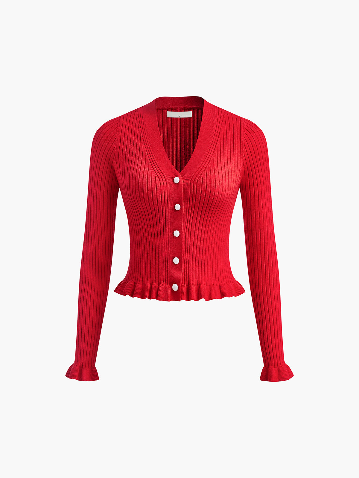 Red Ruffle Trim Button Front Knit Cardigan