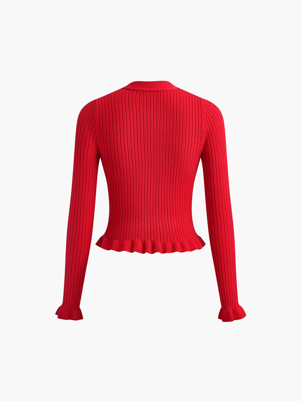 Red Ruffle Trim Button Front Knit Cardigan