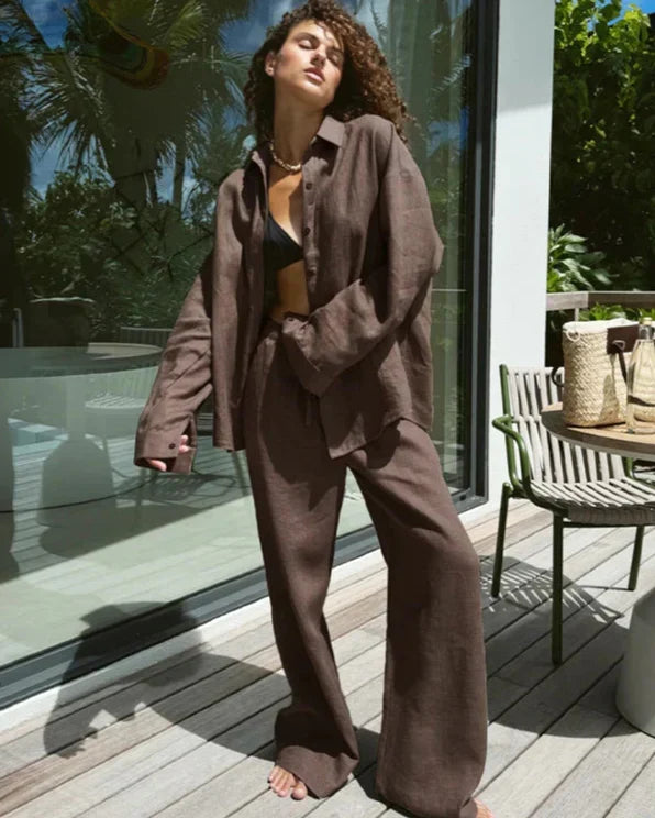 Relaxed Button Up Shirt and Wide Leg Pants Set