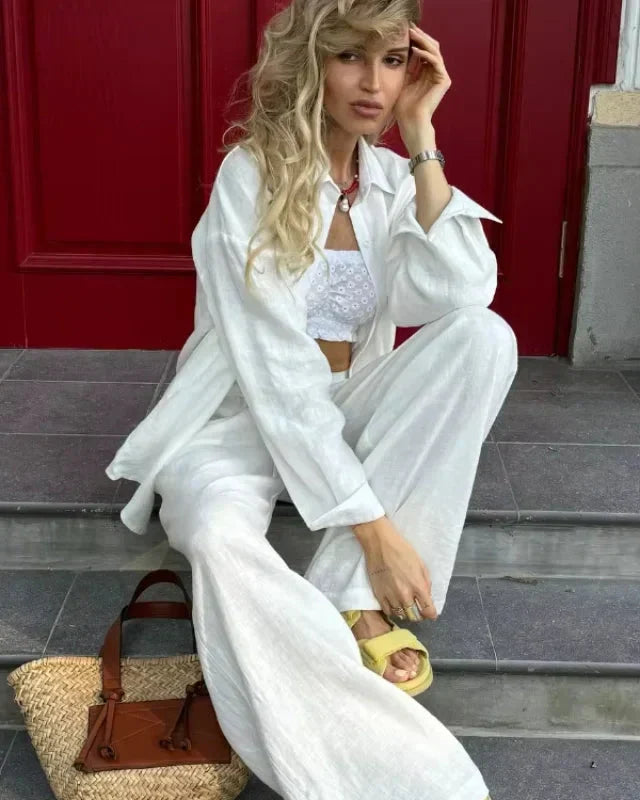 Relaxed Button Up Shirt and Wide Leg Pants Set