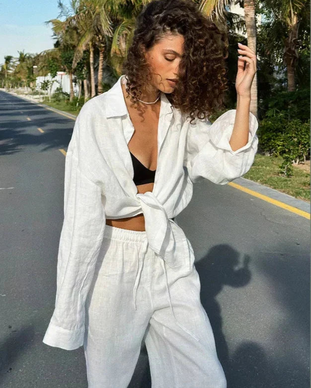 Relaxed Button Up Shirt and Wide Leg Pants Set