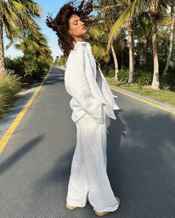 Relaxed Button Up Shirt and Wide Leg Pants Set