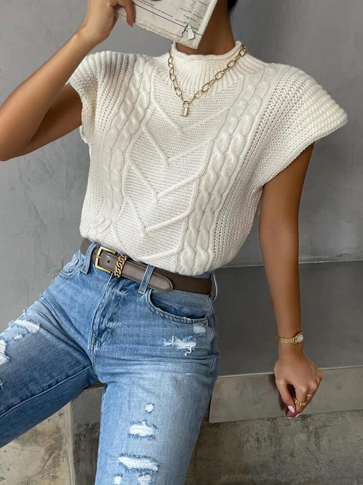 Relaxed Flutter Sleeve Knit Sweater Vest