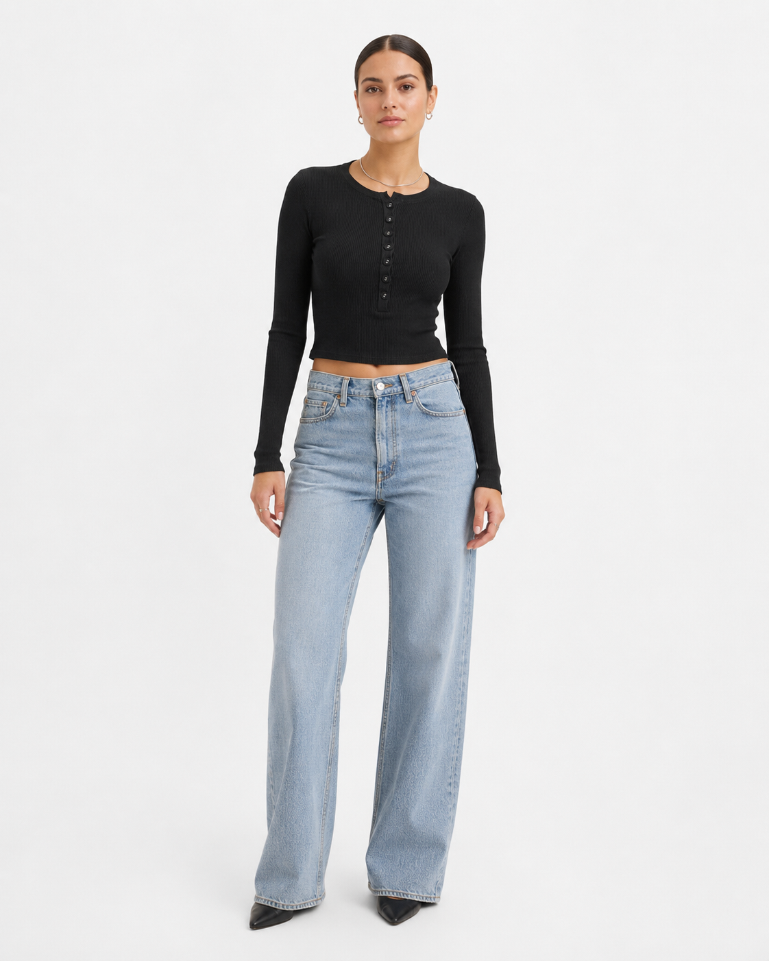 Ribbed Cropped Button Front Long Sleeve Top