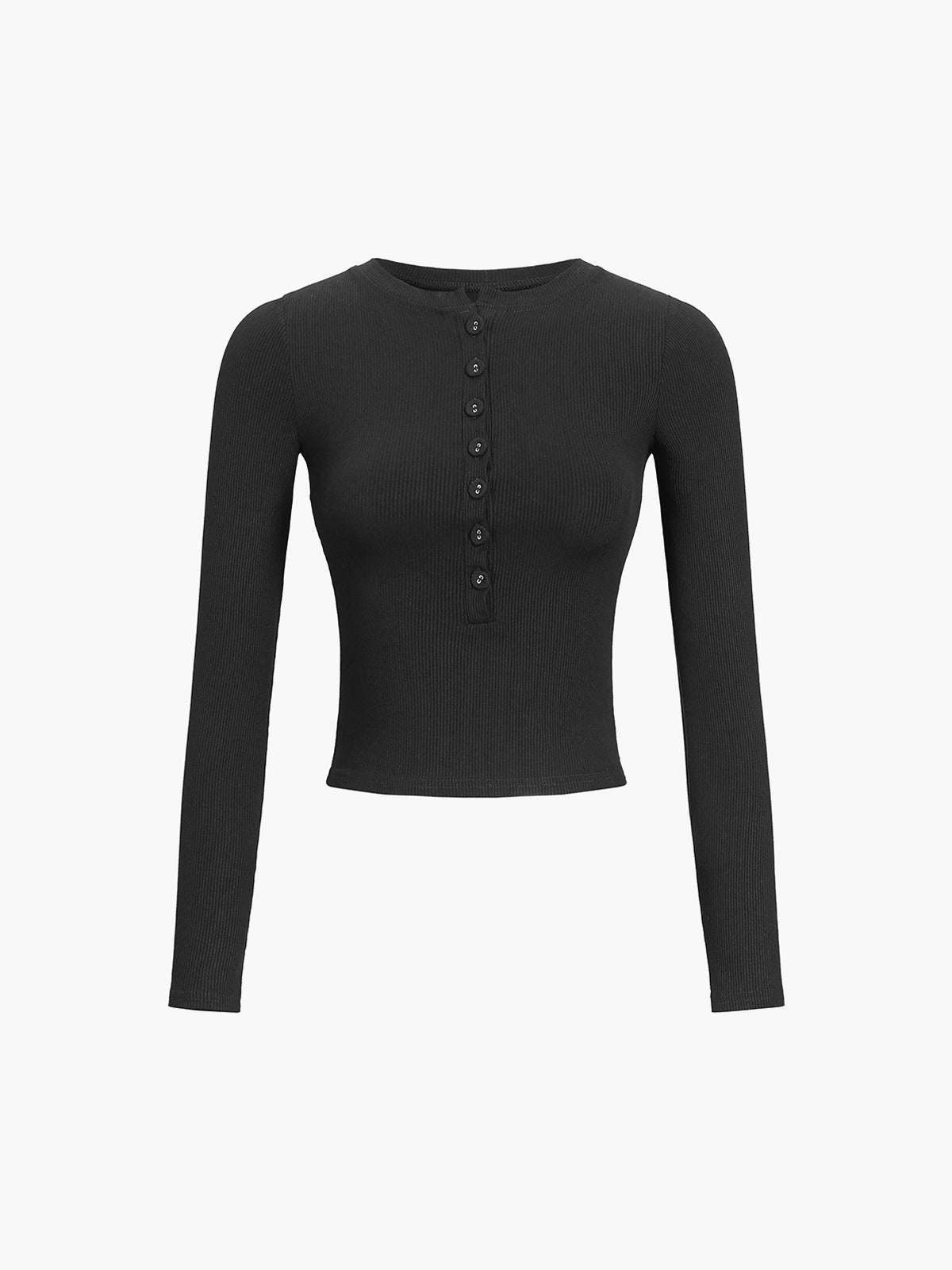 Ribbed Cropped Button Front Long Sleeve Top