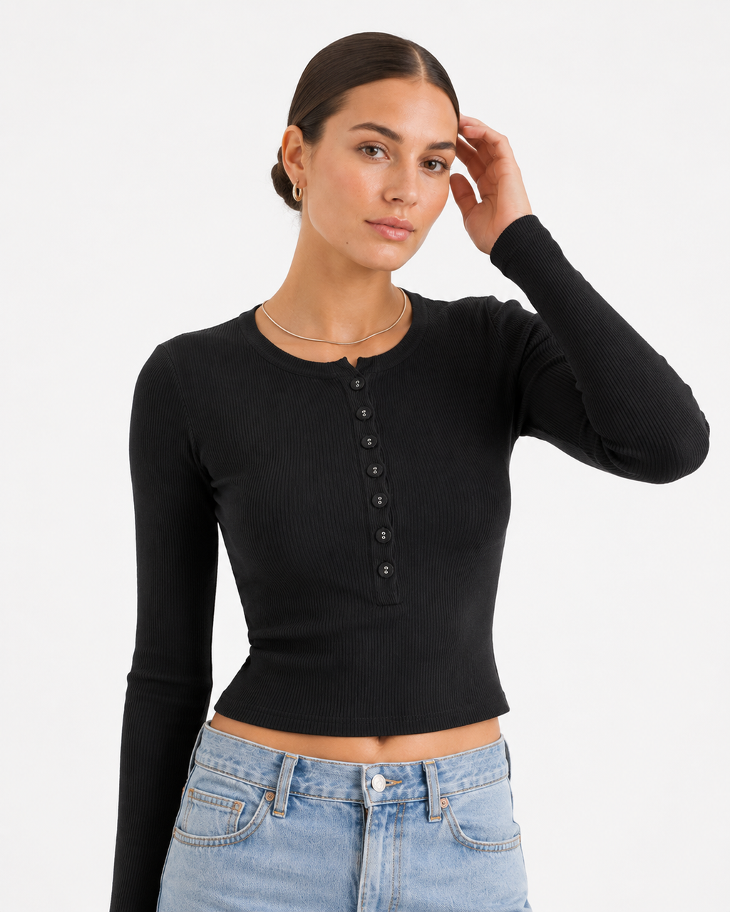 Ribbed Cropped Button Front Long Sleeve Top