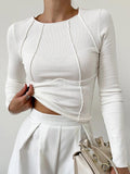 Ribbed Fitted Long Sleeve Top with Piping